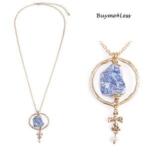 Druzy Gemstone Pendant Gold Cross Pearl Necklace